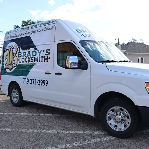 Brady's Locksmith Mobile Locksmith van at a client's location